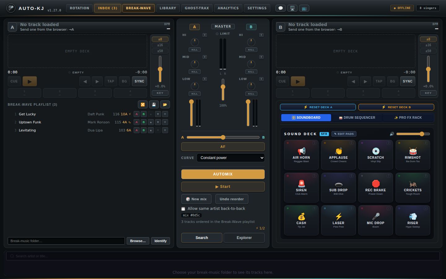 After AUTOMIX: the playlist itself is re-ordered (β‘/βΏ show each hop), with New mix, Undo reorder and the same-artist toggle