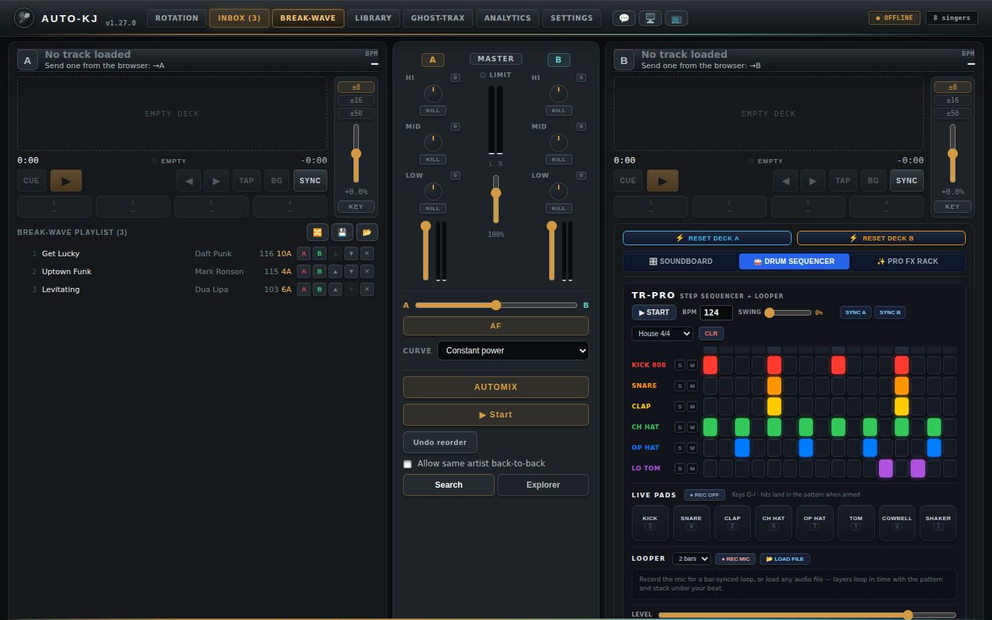 Drum Sequencer: 16-step TR-PRO pattern, live pads (keys QβI) and a bar-synced looper