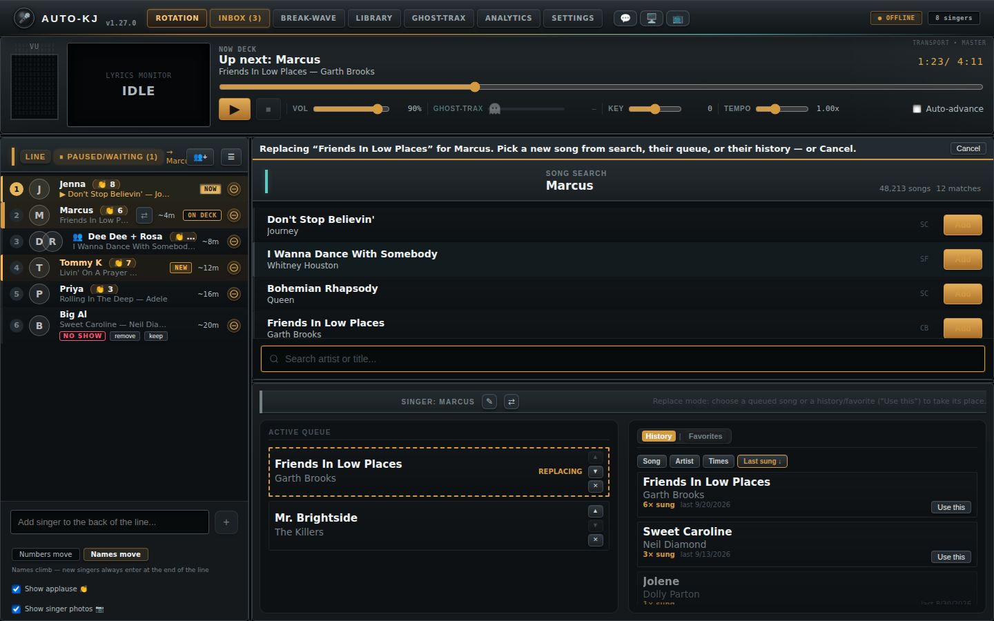 Replace mode: the banner names the song being replaced; the next pick takes its place, and Cancel or Esc leaves everything as it was