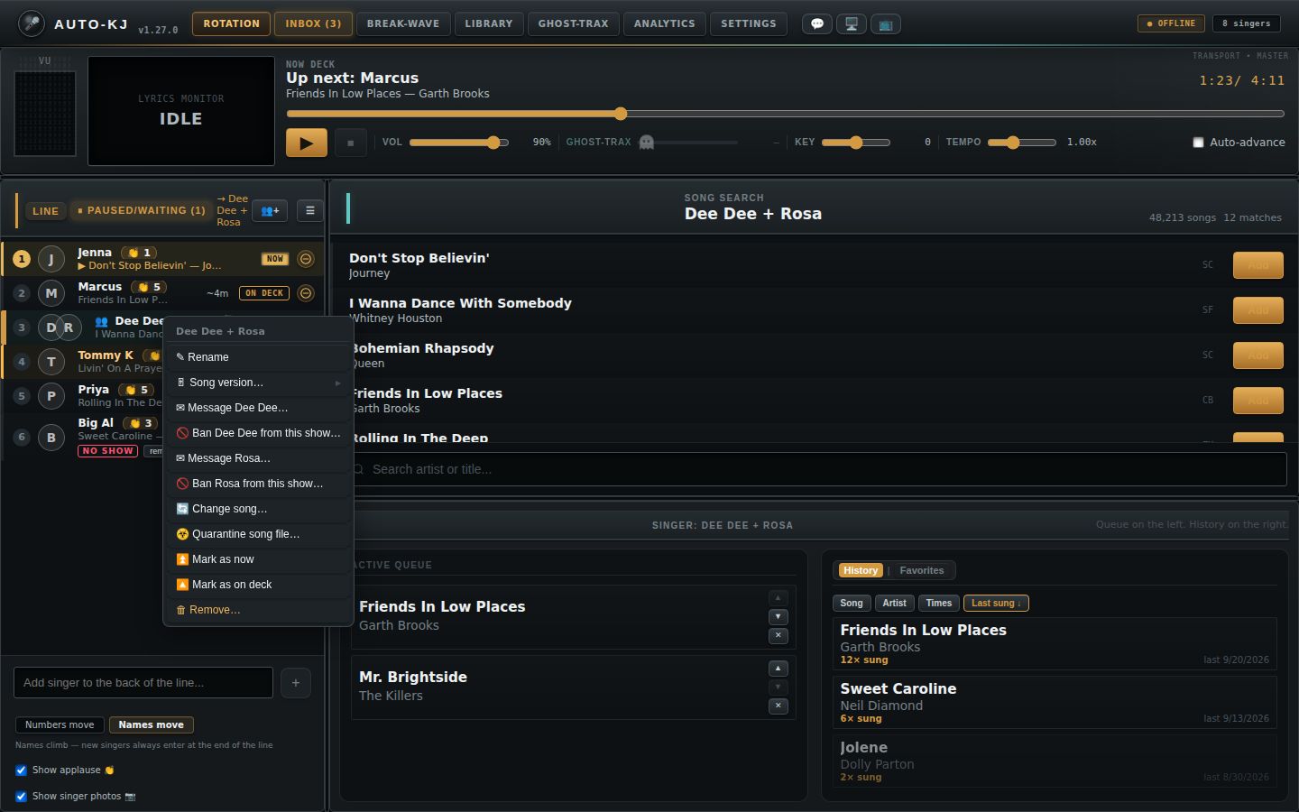 Row right-click menu: rename, version, message, ban, change song, quarantine, mark as now / on deck, remove