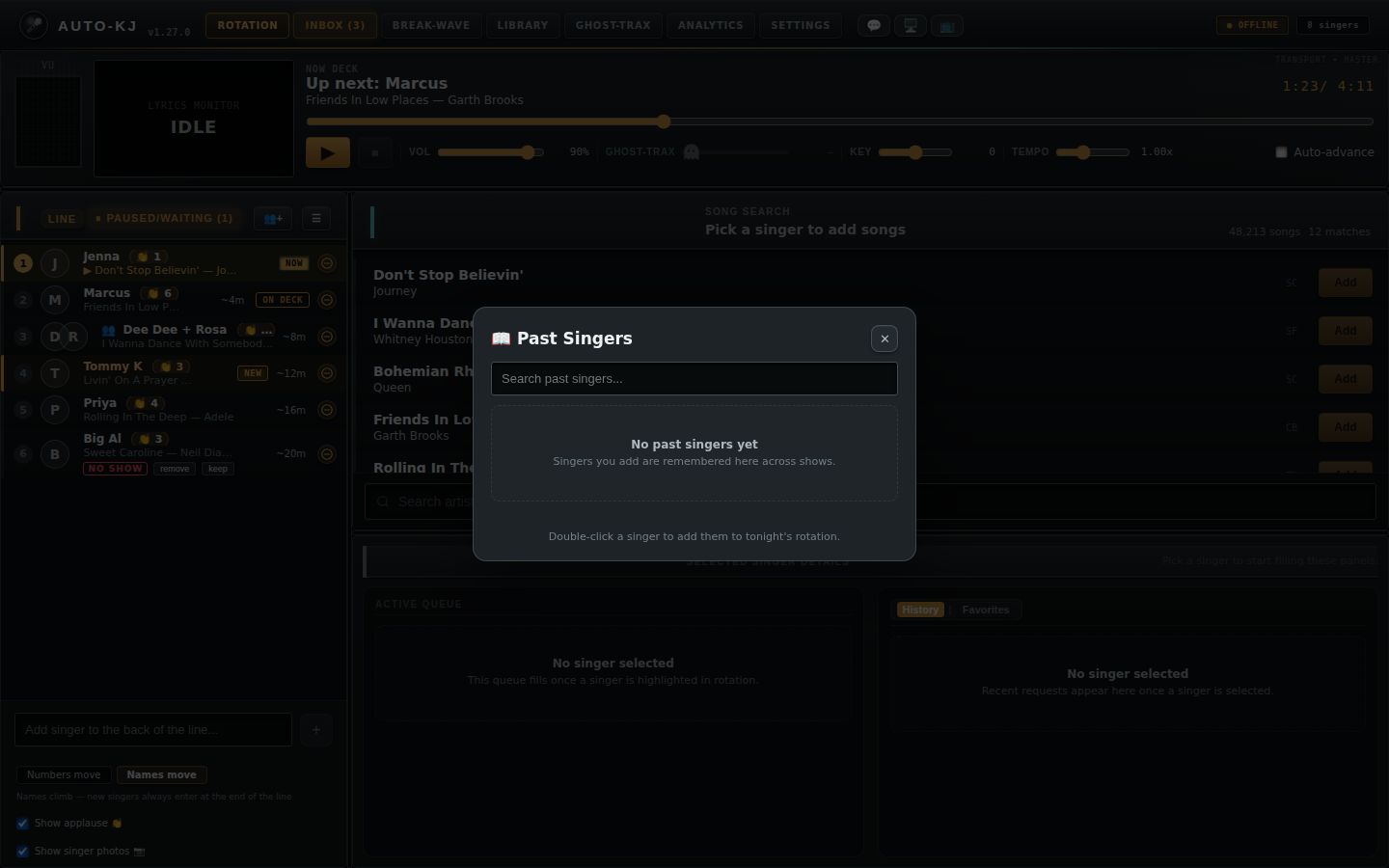 β° Past Singers: search everyone ever added; double-click to seat them