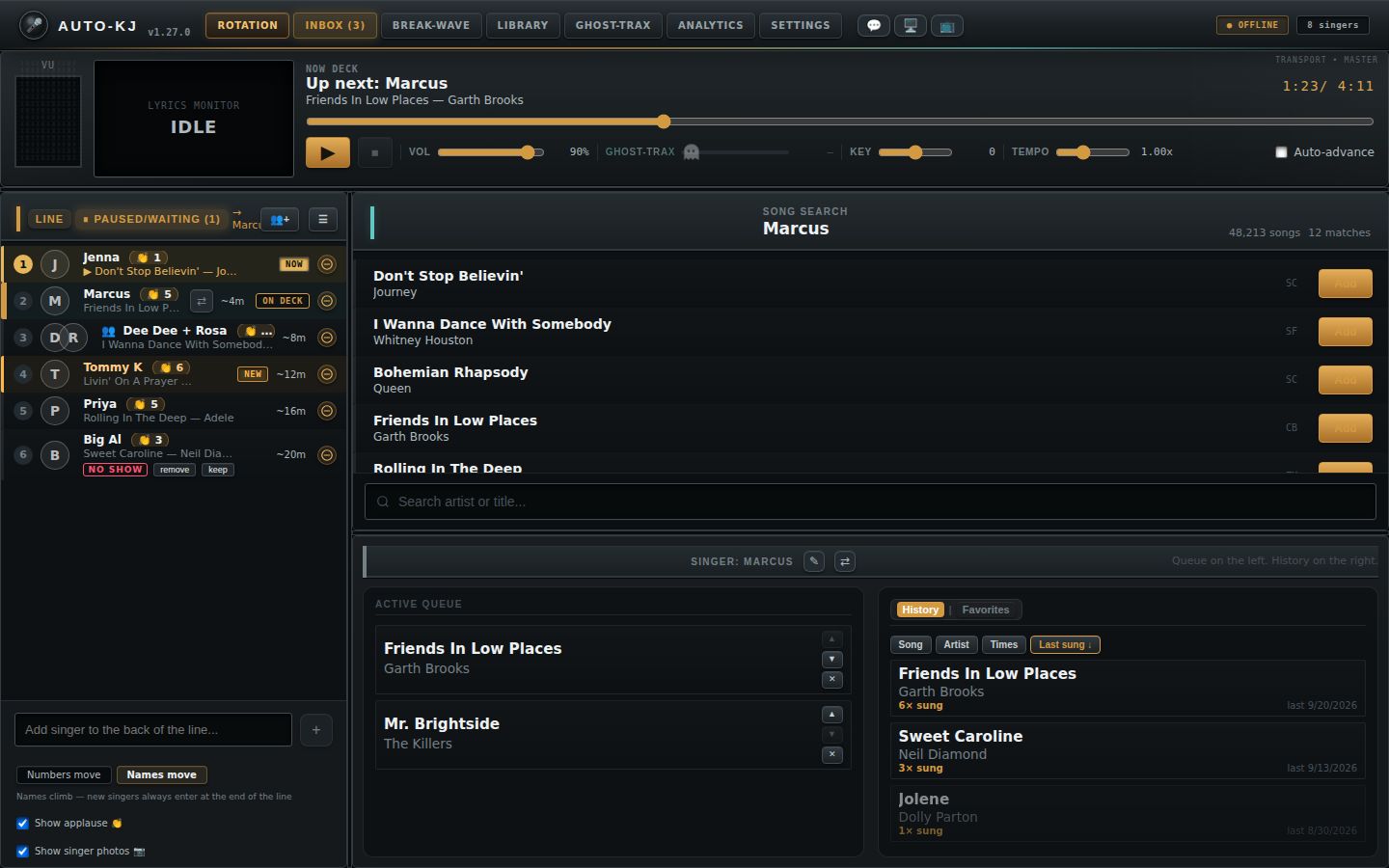 Marcus selected: his queue (left) and history (right)