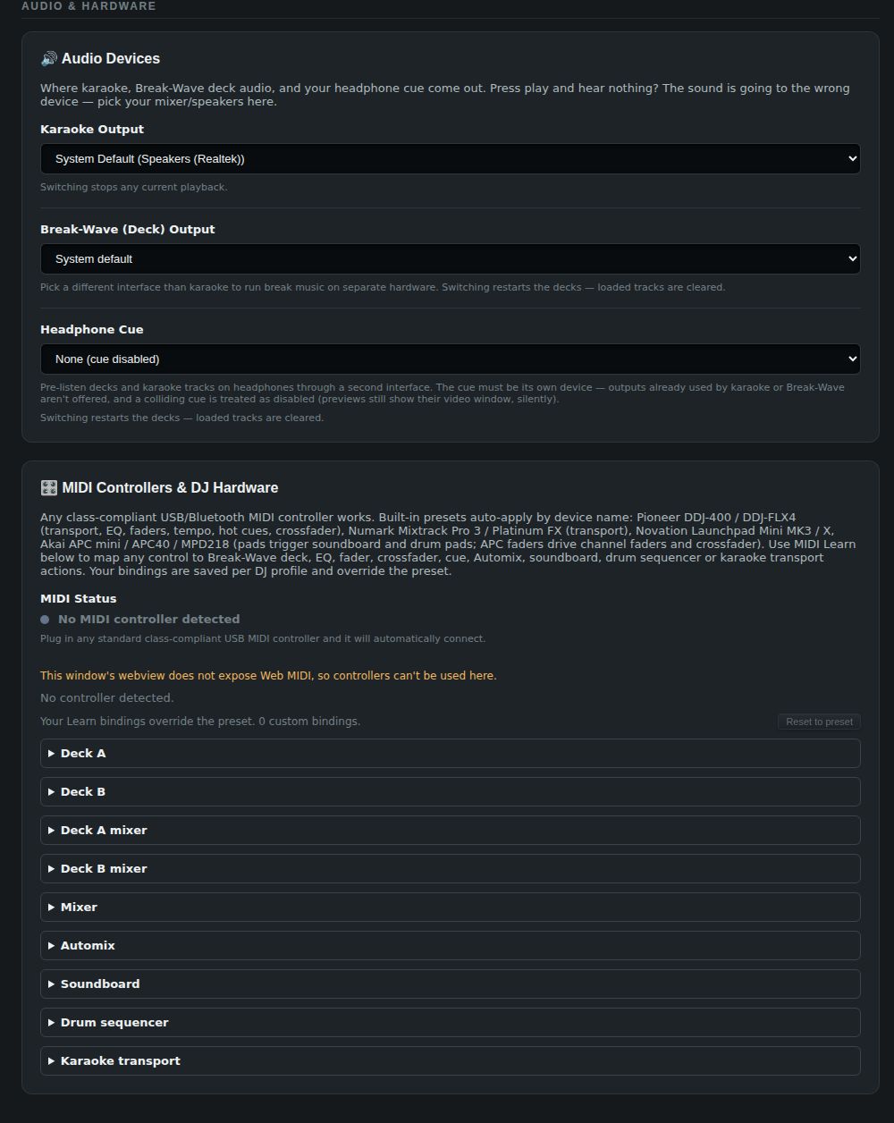 Settings: Audio & hardware