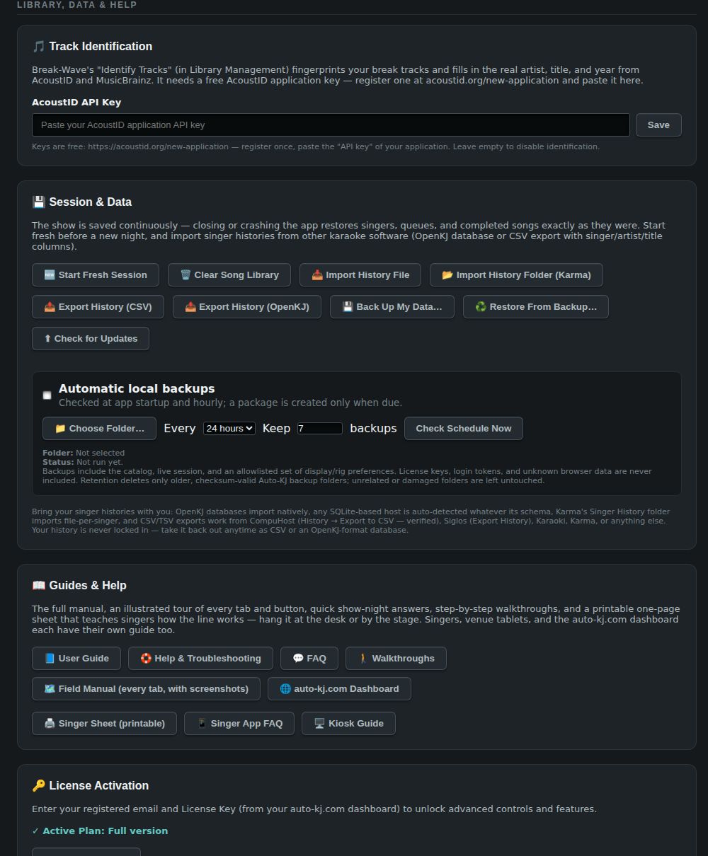 Settings: Library, data & help