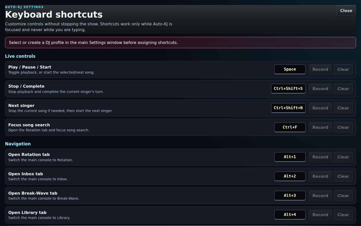 Shortcut editor window, opened from Settings β Keyboard Shortcuts.