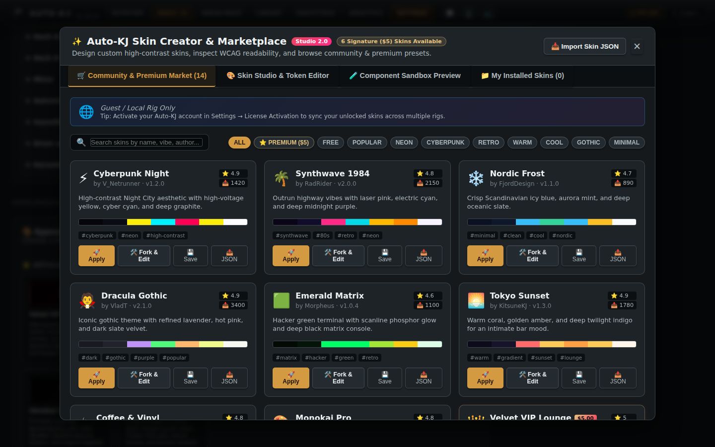 β¨ Skin Creator & Market: community and premium skins, the token editor, a sandbox preview and your installed skins